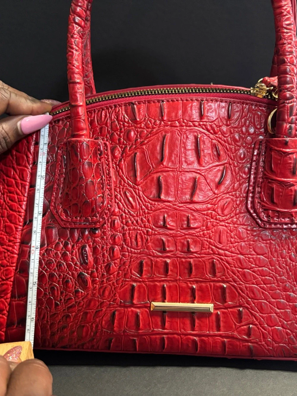 Croc-Embossed Red Dome Satchel Handbag